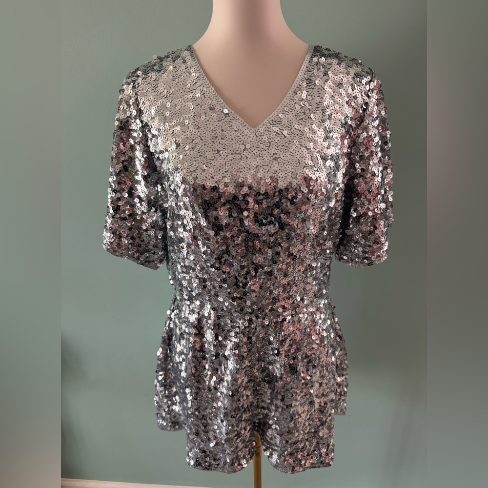 Silver Sequin Jumpsuit Romper Holiday Party Perfect